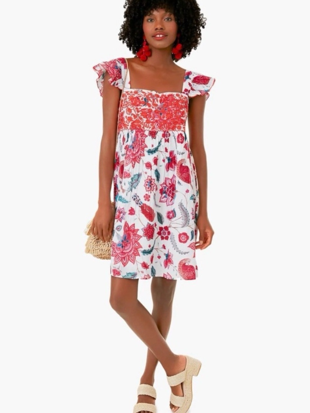 Ro’s Garden White Floral Smocked Sundress with Pink-Red Print